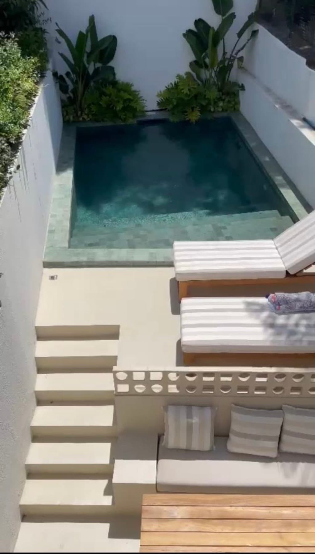 Terraço com piscina rectangular, espreguiçadeiras em madeira com colchões brancos, vegetação tropical e escadaria branca.